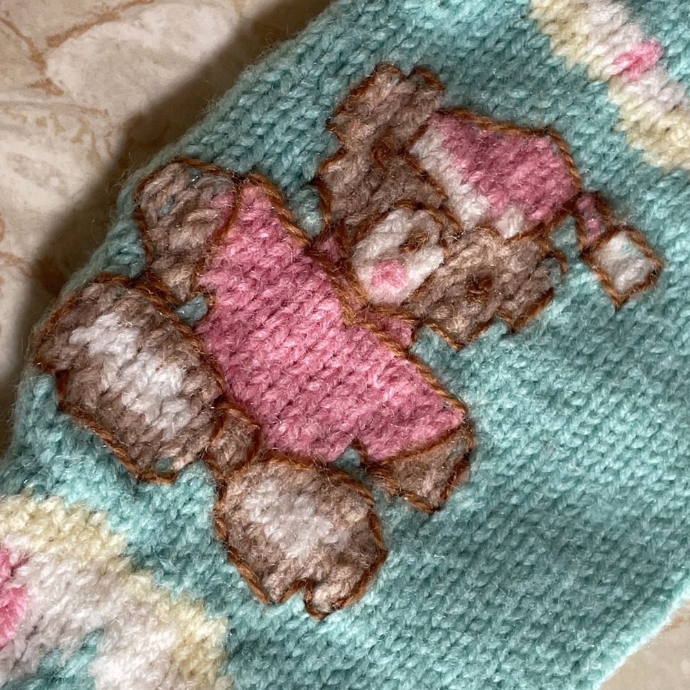 Vintage Girls Christmas Knitted Stocking‎ Pink Blue Bear